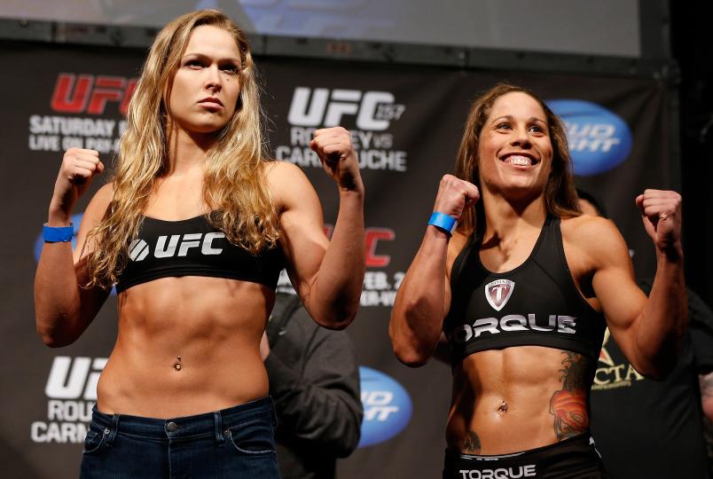 Opponents Ronda Rousey and Liz Carmouche pose for photos during the UFC 157 weigh-in at Honda Center on February 22, 2013 in Anaheim, California. (Photo by Josh Hedges/Zuffa LLC via Getty Images)
