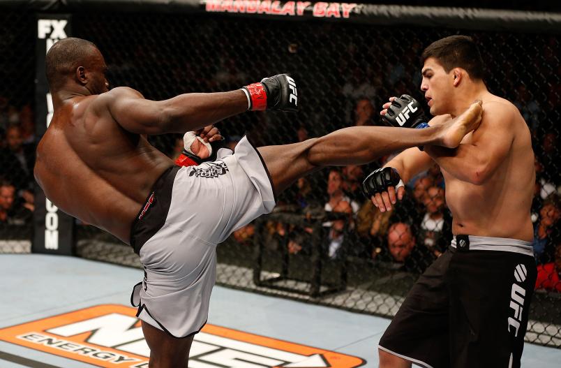 LAS VEGAS, NV - APRIL 13: (L-R) Uriah Hall kicks Kelvin Gastelum in their middleweight fight at the Mandalay Bay Events Center on April 13, 2013 in Las Vegas, Nevada. (Photo by Josh Hedges/Zuffa LLC/Zuffa LLC via Getty Images)