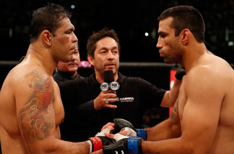 Opponents Antonio Rodrigo "Minotauro" Nogueira and Fabricio Werdum face off before their heavyweight fight during the UFC on FUEL TV event at Paulo Sarasate Arena on June 8, 2013 in Fortaleza, Ceara, Brazil. (Photo by Josh Hedges/Zuffa LLC via Getty Images)