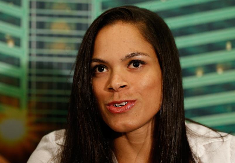 Amanda Nunes of Brazil interacts with media during the UFC 178 Ultimate Media Day at the MGM Grand Hotel/Casino on September 25, 2014 in Las Vegas, Nevada. (Photo by Josh Hedges/Zuffa LLC via Getty Images)