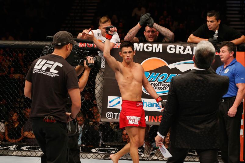 LAS VEGAS, NV - SEPTEMBER 27: Dominick Cruz enters the Octagon in his bantamweight fight against Takeya Mizugaki during the UFC 178 event inside the MGM Grand Garden Arena on September 27, 2014 in Las Vegas, Nevada. (Photo by Josh Hedges/Zuffa LLC/Zuffa LLC via Getty Images)