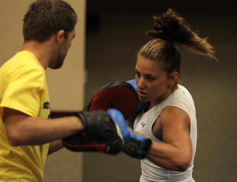 Miesha Tate works out for the media on July 27, 2011 in Hoffman Estates, Illinois. (Photo by Josh Hedges/Forza LLC)
