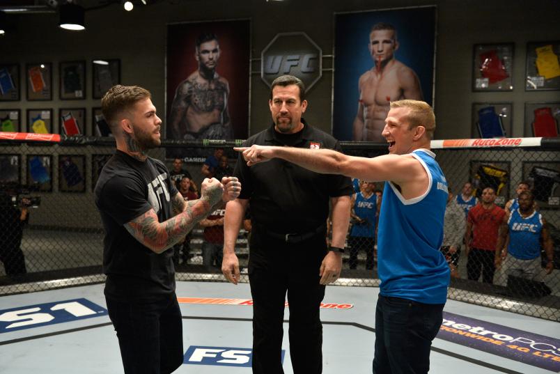 LAS VEGAS, NV - MARCH 01: (L-R) UFC bantamweight champion Cody Garbrandt and TJ Dillashaw face off during the filming of The Ultimate Fighter: Redemption at the UFC TUF Gym on March1, 2017 in Las Vegas, Nevada. (Photo by Brandon Magnus/Zuffa LLC/Zuffa LLC via Getty Images)