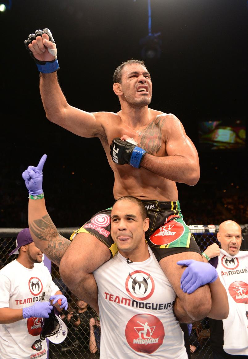 Antonio Rogerio Nogueira (top) reacts to his victory over Rashad Evans during their light heavyweight fight at UFC 156 on February 2, 2013 at the Mandalay Bay Events Center in Las Vegas, Nevada. (Photo by Donald Miralle/Zuffa LLC)