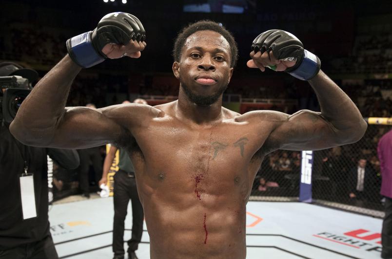 Randy Brown celebrates after his submission victory over Warlley Alves in their welterweight fight during the UFC Fight Night event at Ibirapuera Gymnasium on November 16, 2019 in Sao Paulo, Brazil. (Photo by Alexandre Schneider/Zuffa LLC via Getty Images)