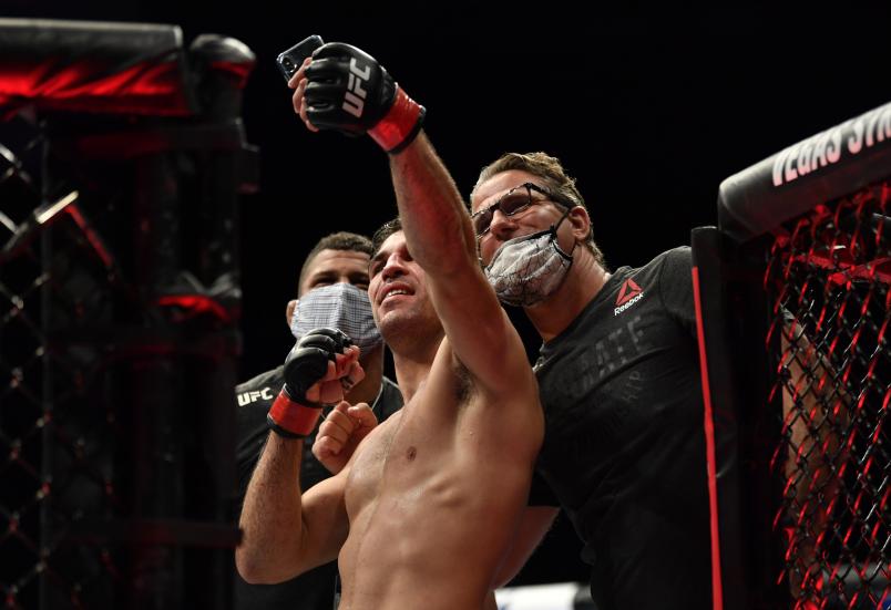 JACKSONVILLE, FLORIDA - MAY 09: Vicente Luque celebrates after defeatimg Niko Price in their welterweight fight during the UFC 249 event at VyStar Veterans Memorial Arena on May 09, 2020 in Jacksonville, Florida. (Photo by Jeff Bottari/Zuffa LLC)