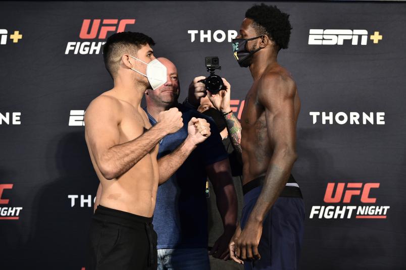 Opponents Vicente Luque and Randy Brown face off during the UFC Fight Night weigh-in at UFC APEX on July 31, 2020 in Las Vegas, Nevada. (Photo by Chris Unger/Zuffa LLC via Getty Images)