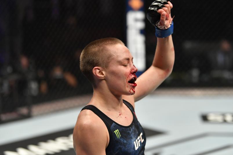 Rose Namajunas reacts after the conclusion of her strawweight fight against Jessica Andrade of Brazil during the UFC 251 event at Flash Forum on UFC Fight Island on July 12, 2020 on Yas Island, Abu Dhabi, United Arab Emirates. (Photo by Jeff Bottari/Zuffa LLC)