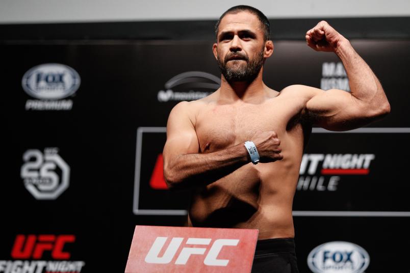 SANTIAGO, CHILE - MAY 18: Frankie Saenz of the United States poses on the scale during the UFC Fight Night weigh-in at Movistar Arena on May 18, 2018 in Santiago, Chile. (Photo by Buda Mendes/Zuffa LLC/Zuffa LLC via Getty Images)
