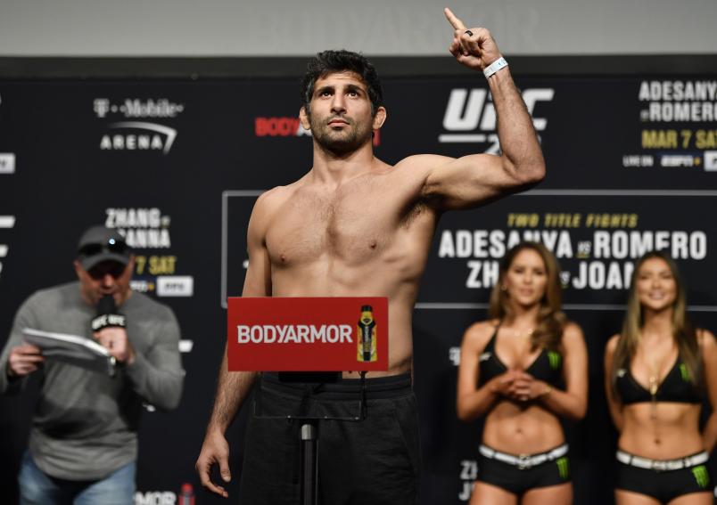 Beneil Dariush poses on the scale during the UFC 248 weigh-in at T-Mobile Arena on March 06, 2020 in Las Vegas, Nevada. (Photo by Jeff Bottari/Zuffa LLC)