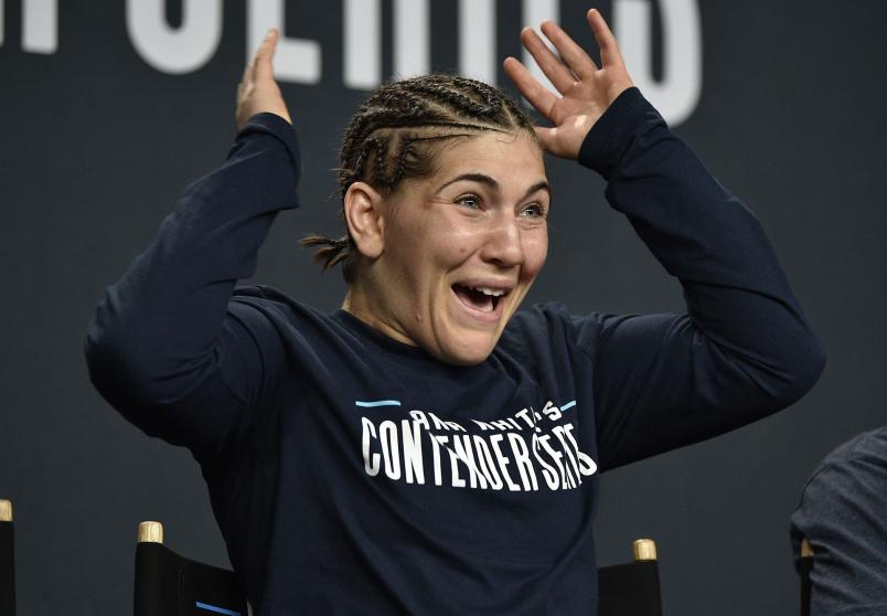 Sarah Alpar reacts after being awarded a UFC contract during Dana White's Contender Series week 8 at the UFC Apex on August 13, 2019 in Las Vegas, Nevada. (Photo by Chris Unger/DWCS LLC/Zuffa LLC)