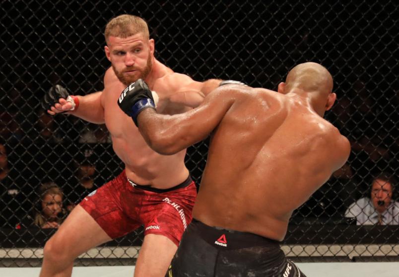 SAO PAULO, BRAZIL - NOVEMBER 16: (L-R) Jan Blachowicz of Poland punches Ronaldo 'Jacare' Souza of Brazil in their light heavyweight fight during the UFC Fight Night event at Ibirapuera Gymnasium on November 16, 2019 in Sao Paulo, Brazil. (Photo by Alexandre Schneider/Zuffa LLC)