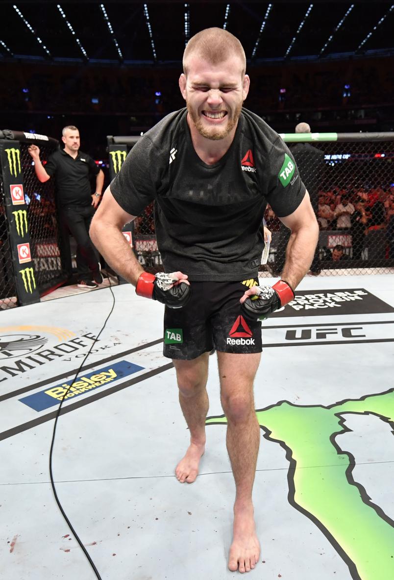Jake Matthews of Australia celebrates after defeating Rostem Akman of Sweden in their welterweight fight during the UFC 243 event at Marvel Stadium on October 06, 2019 in Melbourne, Australia. (Photo by Jeff Bottari/Zuffa LLC)