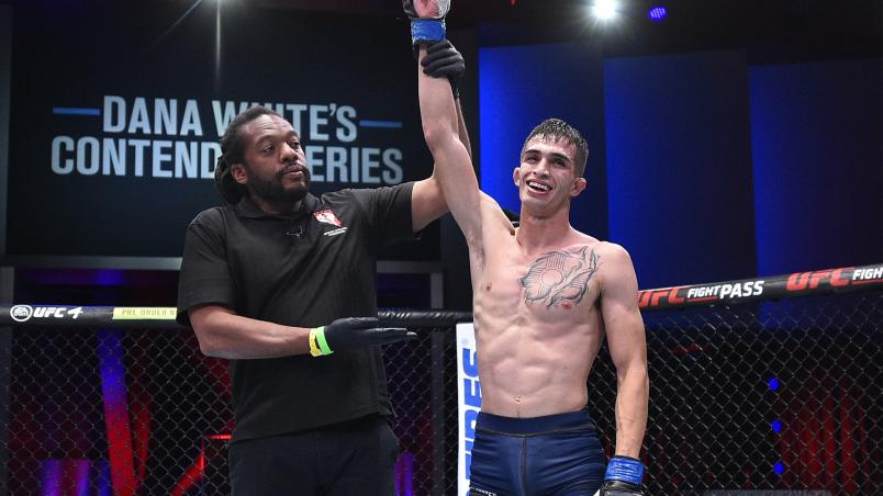 Jerome Rivera celebrates after his victory over Luis Rodriguez in their flyweight bout during Dana White's Contender Series season 4 week one at UFC APEX on August 04, 2020 in Las Vegas, Nevada. (Photo by Chris Unger/DWCS LLC/Zuffa LLC)