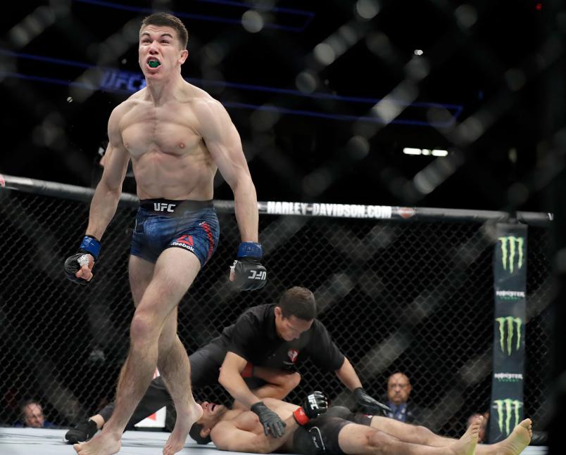 Alexander Hernandez reacts after defeating Beneil Dariush by TKO in a lightweight bout duirng UFC 222 at T-Mobile Arena on March 3, 2018 in Las Vegas, Nevada. (Photo by Isaac Brekken/Getty Images)