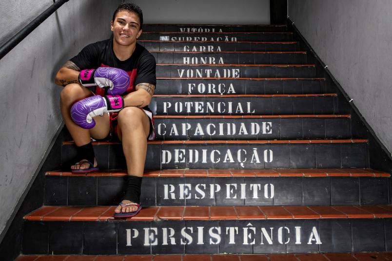 Brazilian MMA athlete Jessica Andrade "Bate Estaca" of PRTV team poses for a photo during a training session amidst the coronavirus (COVID-19) pandemic at PRVT - Parana Vale Tudo gym on August 7, 2020 in Niteroi, Brazil. Andrade competes in the strawweight division and is the first Brazilian woman to fight for the UFC, currently #2 in the UFC women's strawweight rankings. (Photo by Buda Mendes/Getty Images)