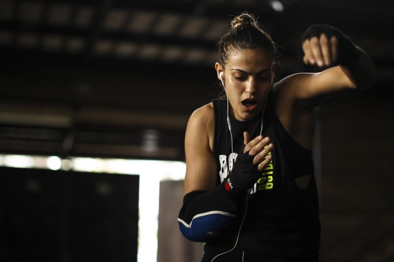 Brazilian MMA athlete Poliana Botelho warms up for a training session amidst the coronavirus (COVID-19) pandemic at Arena Upper on August 19, 2020 in Rio de Janeiro, Brazil. UFC strawweight Poliana Botelho, 31, weighs 52 kilos and has a history of 10 fights, eight victories, six by knockouts, two by judge decision and only two defeats. Botelho currently holds the record for the fastest victory. (Photo by Buda Mendes/Getty Images)