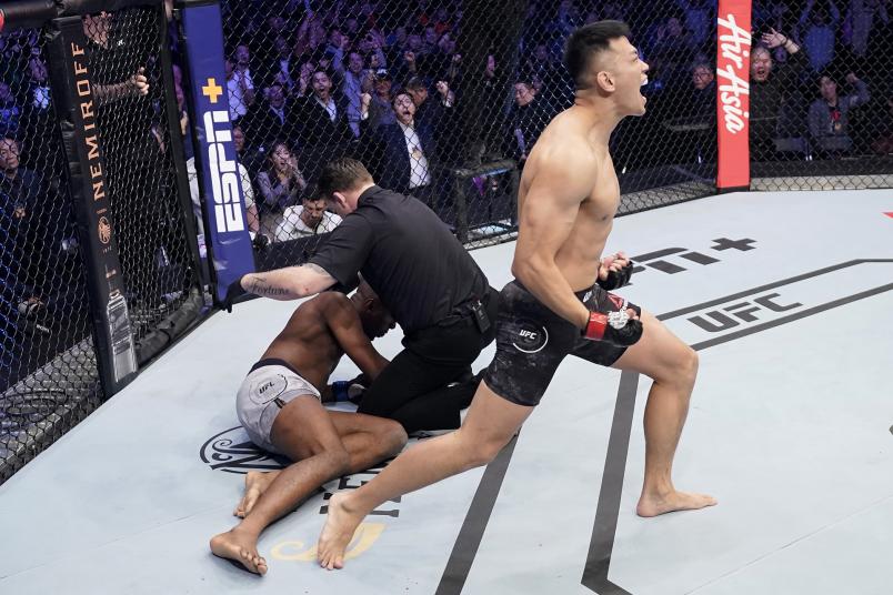 Da-un Jung of South Korea celebrates after knocking out Mike Rodriguez in their light heavyweight fight during the UFC Fight Night event at Sajik Arena 3 on December 21, 2019 in Busan, South Korea. (Photo by Jeff Bottari/Zuffa LLC)
