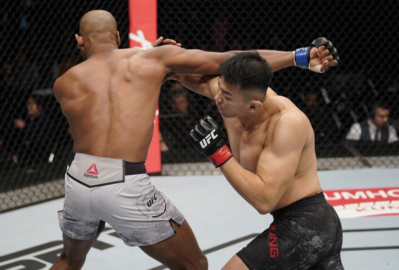 Da-un Jung of South Korea knocks out Mike Rodriguez with a straight right in their light heavyweight fight during the UFC Fight Night event at Sajik Arena 3 on December 21, 2019 in Busan, South Korea. (Photo by Jeff Bottari/Zuffa LLC)