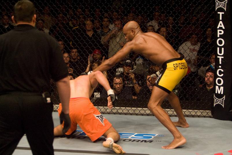 Anderson Silva (yellow/black tight shorts) def. Rich Franklin (orange/black shorts) - TKO - 1:07 round 2 during the UFC 77 at US Bank Arena on October 20, 2007 in Cincinnati, Ohio. (Photo by: Josh Hedges/Zuffa LLC via Getty Images)