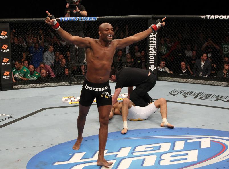 Anderson Silva celebrates his victory over Vitor Belfort at UFC 126 at the Mandalay Bay Events Center on February 5, 2011 in Las Vegas, Nevada. (Photo by Jed Jacobsohn/Zuffa LLC via Getty Images)