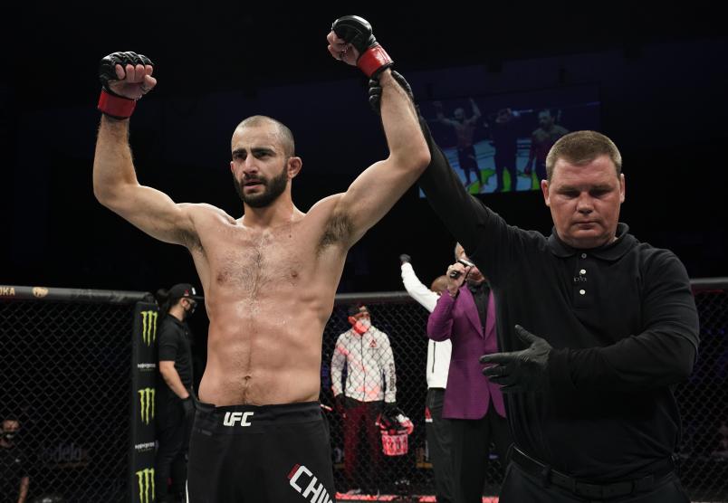Giga Chikadze of Georgia celebrates after his victory over Irwin Rivera of Mexico in their featherweight fight during the UFC Fight Night event at VyStar Veterans Memorial Arena on May 16, 2020 in Jacksonville, Florida. (Photo by Cooper Neill/Zuffa LLC via Getty Images)