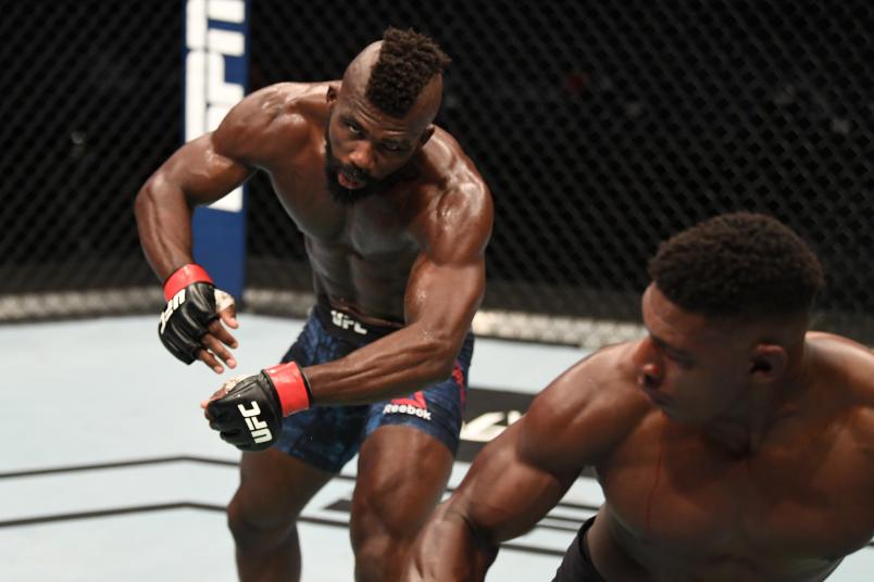 Joaquin Buckley knocks out Impa Kasanganay in their middleweight bout during the UFC Fight Night event inside Flash Forum on UFC Fight Island on October 11, 2020 in Abu Dhabi, United Arab Emirates. (Photo by Josh Hedges/Zuffa LLC via Getty Images)