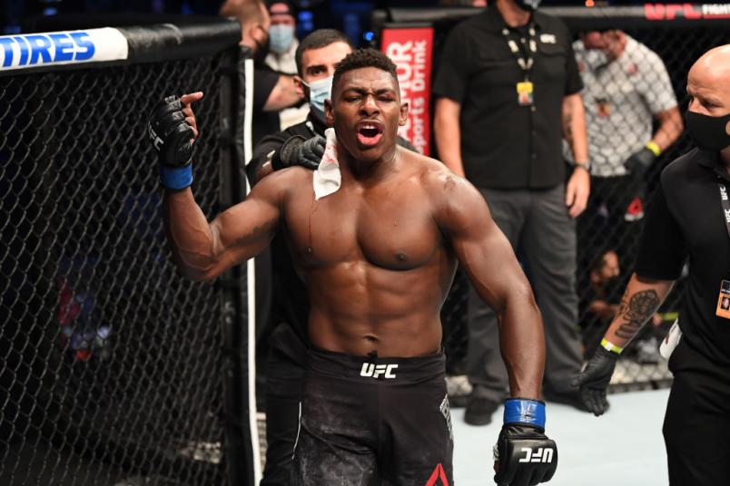 Joaquin Buckley celebrates his KO victory over Impa Kasanganay in their middleweight bout during the UFC Fight Night event inside Flash Forum on UFC Fight Island on October 11, 2020 in Abu Dhabi, United Arab Emirates. (Photo by Josh Hedges/Zuffa LLC via Getty Images)