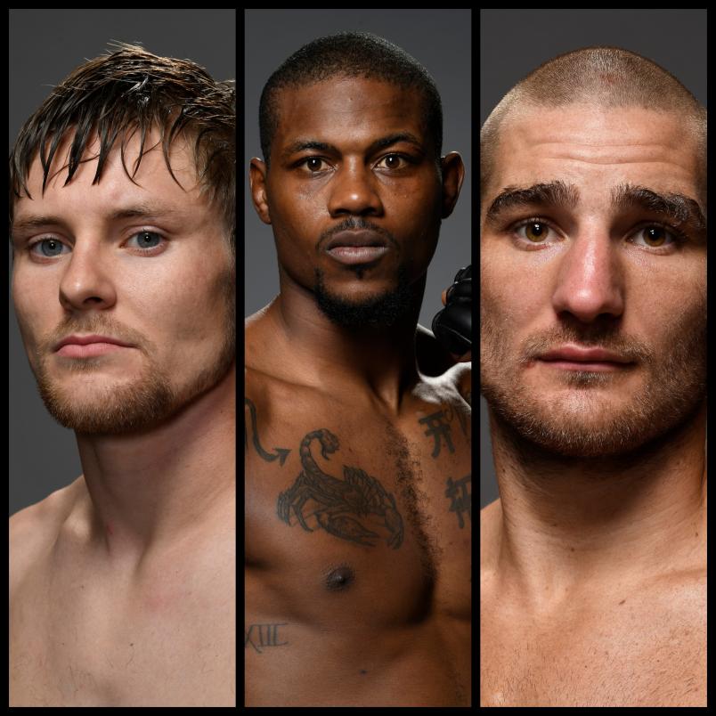 (L-R) Bryce Mitchell, Kevin Holland, Sean Strickland (Photos by Mike Roach/Zuffa LLC)