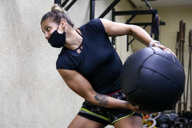 Poliana Botelho exercises during a training session amidst the coronavirus (COVID-19) pandemic at UPPER Gym on August 19, 2020 in Rio de Janeiro, Brazil. UFC strawweight Poliana Botelho, 31, weighs 52 kilos and has a history of 10 fights, eight victories, six by knockouts, two by judge decision and only two defeats. Botelho currently holds the record for the fastest victory. (Photo by Buda Mendes/Getty Images)