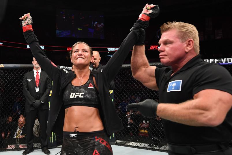 Ashley Yoder celebrates her victory over Syuri Kondo of Japan in their women's strawweight bout during the UFC Fight Night event at Bon Secours Wellness Arena on June 22, 2019 in Greenville, South Carolina. (Photo by Josh Hedges/Zuffa LLC)