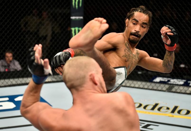Roosevelt Roberts kicks Darrell Horcher during The Ultimate Fighter Finale event inside The Pearl concert theater at Palms Casino Resort on November 30, 2018 in Las Vegas, Nevada. (Photo by Chris Unger/Zuffa LLC via Getty Images).jpg