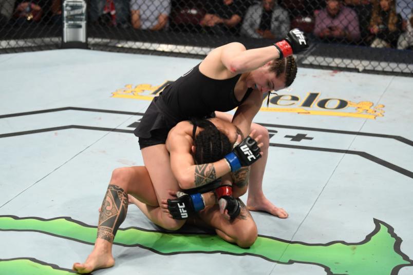 RIO RANCHO, NEW MEXICO - FEBRUARY 15: Montana De La Rosa (top) punches Mara Romero Borella in their women's flyweight bout during the UFC Fight Night event at Santa Ana Star Center on February 15, 2020 in New Mexico. (Photo by Josh Hedges/Zuffa LLC)