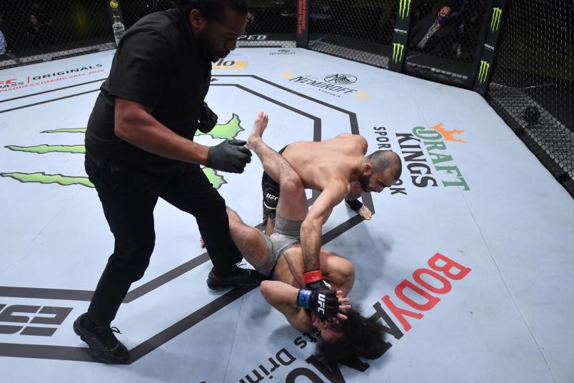 In this handout image provided by UFC, Giga Chikadze of Georgia punches Jamey Simmons in a featherweight fight during the UFC Fight Night event at UFC APEX on November 07, 2020 in Las Vegas, Nevada. (Photo by Jeff Bottari/Zuffa LLC via Getty Images)