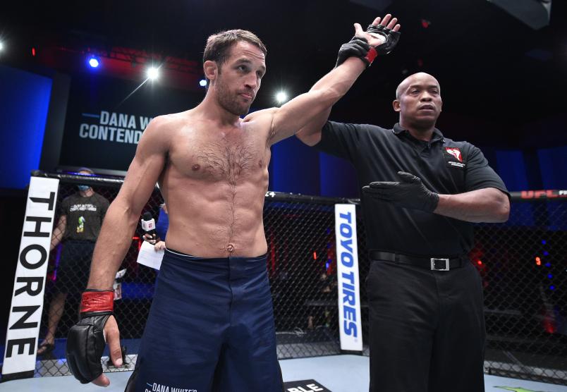 Dustin Stoltzfus reacts after his TKO victory over Joe Pyfer in a middleweight fight during week two of Dana White's Contender Series season four at UFC APEX on August 11, 2020 in Las Vegas, Nevada. (Photo by Chris Unger/DWCS LLC/Zuffa LLC)