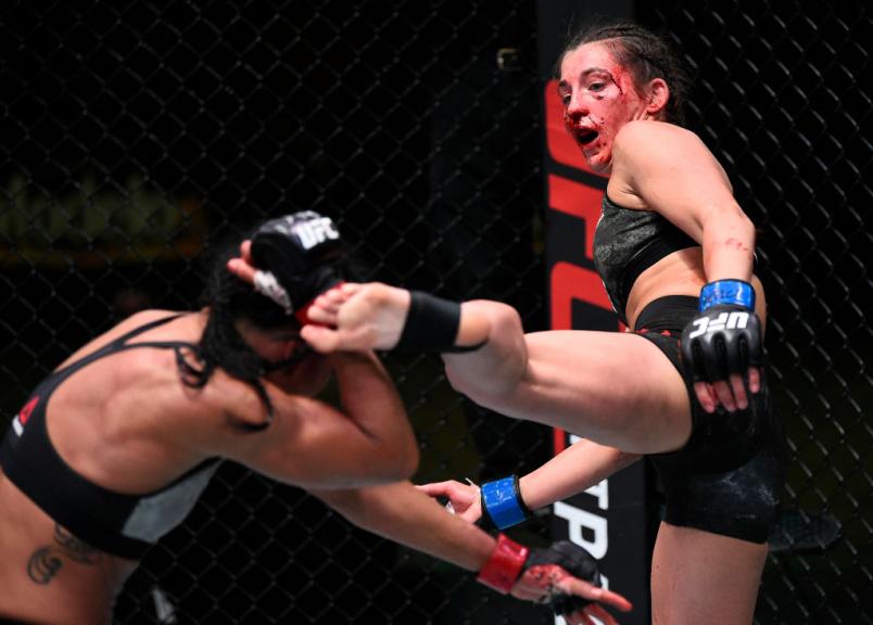LAS VEGAS, NEVADA - SEPTEMBER 05: (R-L) Montana De La Rosa kicks Viviane Araujo of Brazil in a flyweight fight during the UFC Fight Night event at UFC APEX on September 05, 2020 in Las Vegas, Nevada. (Photo by Chris Unger/Zuffa LLC)