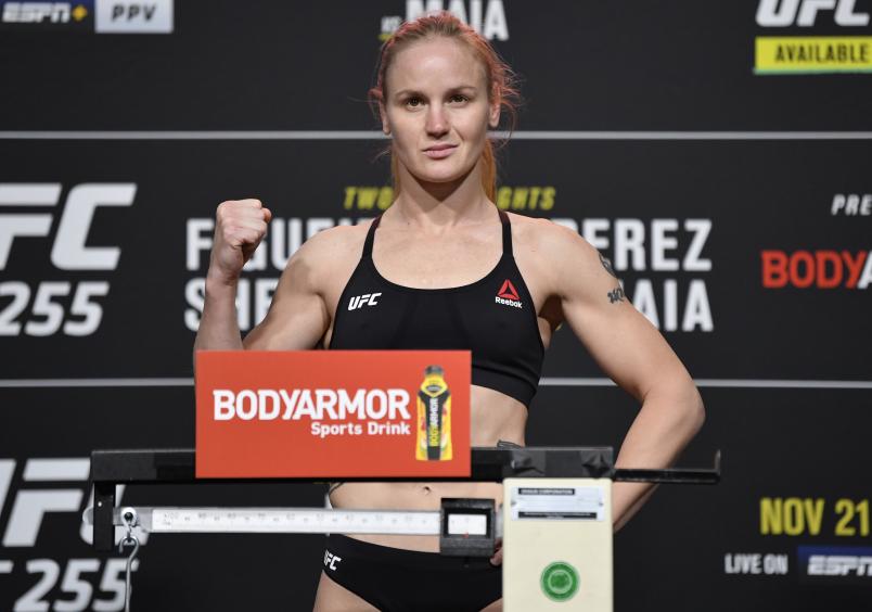 Valentina Shevchenko of Kyrgyzstan poses on the scale during the UFC 255 weigh-in at UFC APEX on November 20, 2020 in Las Vegas, Nevada. (Photo by Jeff Bottari/Zuffa LLC)