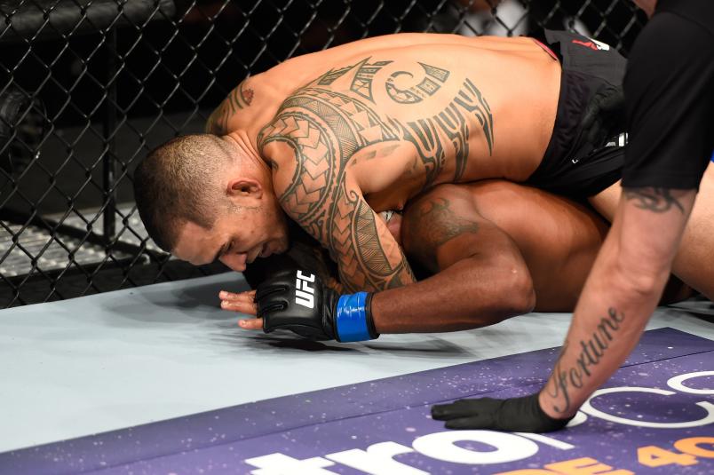 Yancy Medeiros submits Sean Spencer in their welterweight bout during the UFC 203 event at Quicken Loans Arena on September 10, 2016 in Cleveland, Ohio. (Photo by Josh Hedges/Zuffa LLC via Getty Images)