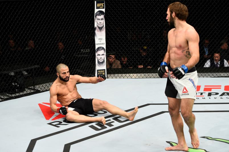 Lando Vannata knocks down John Makdessi with a kick in their lightweight bout during the UFC 206 event inside the Air Canada Centre on December 10, 2016 in Toronto, Ontario, Canada. (Photo by Jeff Bottari/Zuffa LLC via Getty Images)