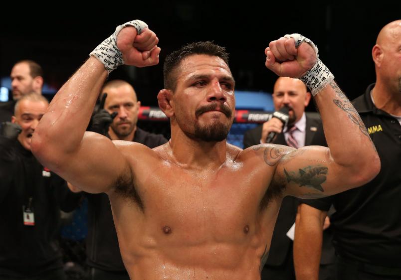 Rafael Dos Anjos of Brazil celebrates after his submission victory over Kevin Lee in their welterweight bout during the UFC Fight Night event at Blue Cross Arena on May 18, 2019 in Rochester, New York. (Photo by Michael Owens/Zuffa LLC)