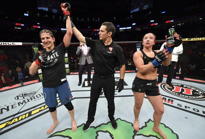 Roxanne Modafferi has her hand raised over Maycee Barber in their flyweight fight during the UFC 246 event at T-Mobile Arena on January 18, 2020 in Las Vegas, Nevada. (Photo by Jeff Bottari/Zuffa LLC via Getty Images)