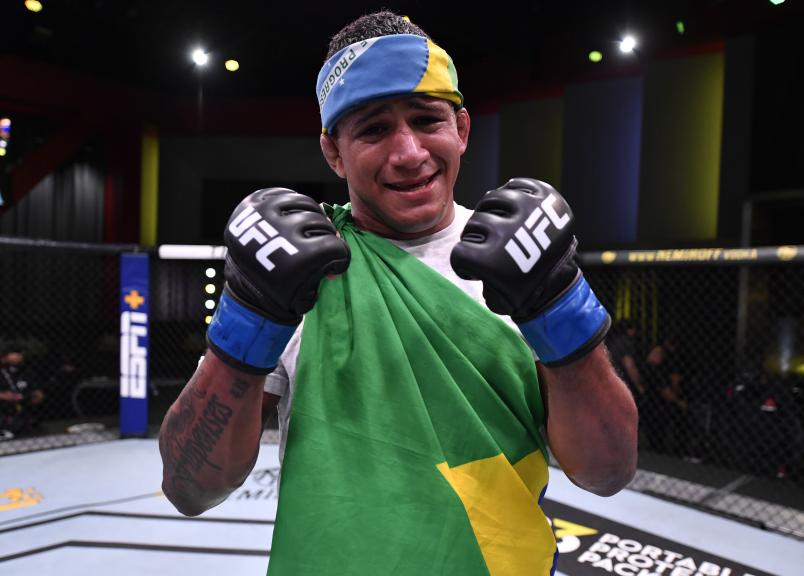Gilbert Burns of Brazil reacts after his victory over Tyron Woodley in their welterweight fight during the UFC Fight Night event at UFC APEX on May 30, 2020 in Las Vegas, Nevada. (Photo by Jeff Bottari/Zuffa LLC)