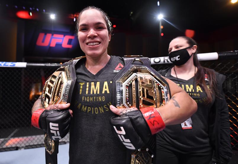 Amanda Nunes of Brazil celebrates after her unanimous-decision victory over Felicia Spencer of Canada in their UFC featherweight championship bout during the UFC 250 event at UFC APEX on June 06, 2020 in Las Vegas, Nevada. (Photo by Jeff Bottari/Zuffa LLC)