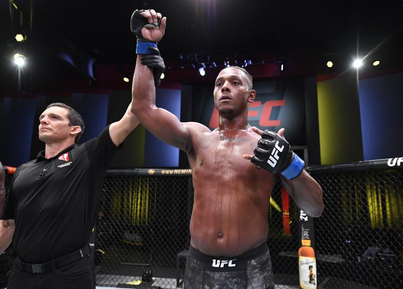Jamahal Hill reacts after his TKO victory over Ovince Saint Preux in a light heavyweight bout during the UFC Fight Night event at UFC APEX on December 05, 2020 in Las Vegas, Nevada. (Photo by Chris Unger/Zuffa LLC)