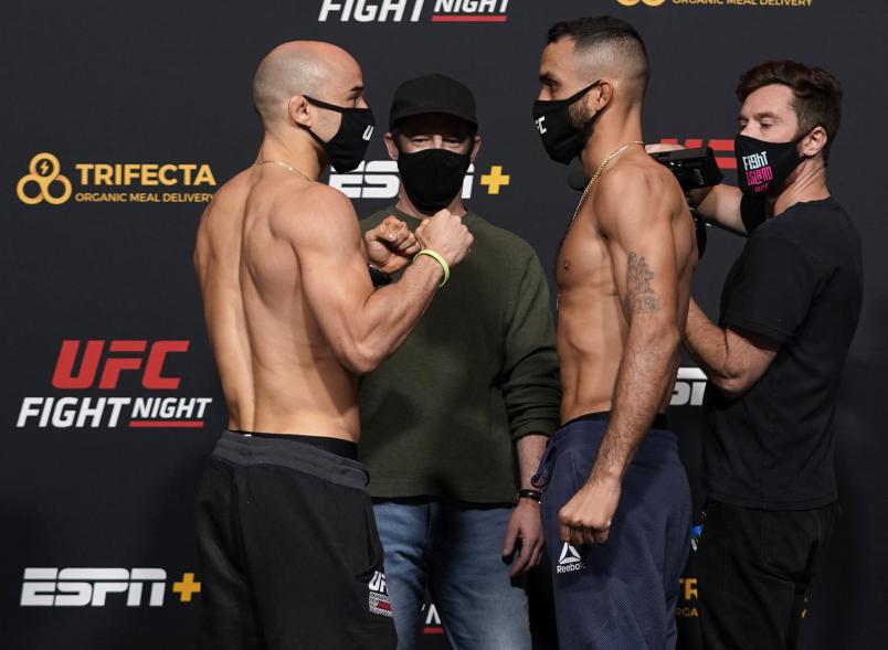 Marlon Moraes of Brazil and Rob Font face off during the UFC Fight Night weigh-in at UFC APEX on December 18, 2020 in Las Vegas, Nevada. (Photo by Cooper Neill/Zuffa LLC)