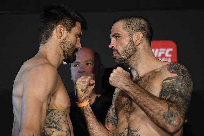 (L-R) Opponents Carlos Condit and Matt Brown face off during the UFC weigh-in at Etihad Arena on UFC Fight Island on January 15, 2021 in Abu Dhabi, United Arab Emirates. (Photo by Jeff Bottari/Zuffa LLC)