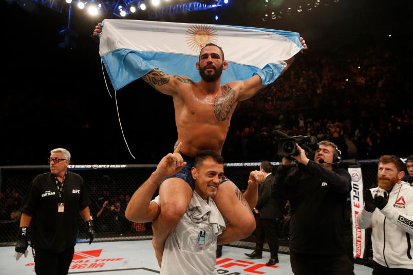 Santiago Ponzinibbio celebrates after defeating Neil Magny in their welterweight bout during the UFC Fight Night event inside Arena Parque Roca on November 17, 2018 in Buenos Aires, Argentina. (Photo by Alexandre Schneider/Zuffa LLC)
