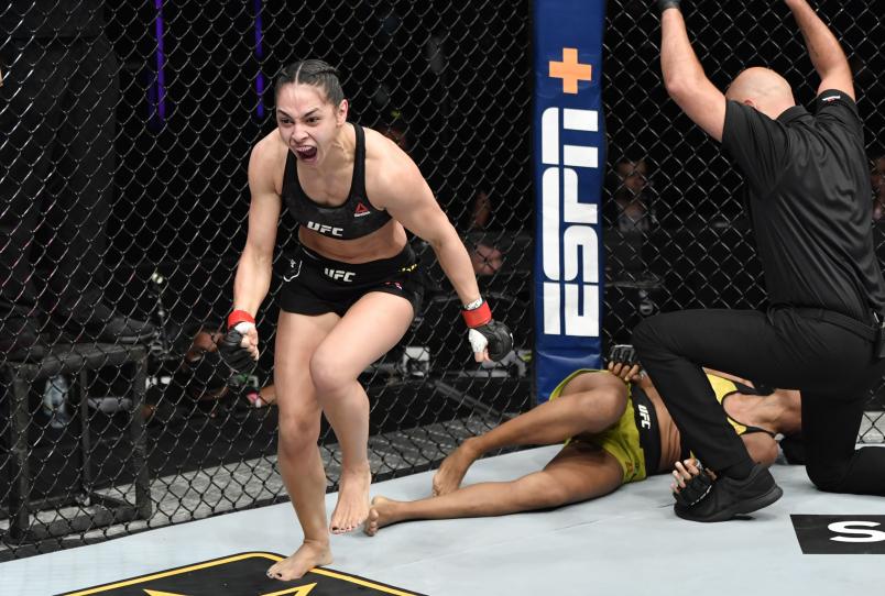 Ariane Lipski of celebrates after her victory over Luana Carolina of Brazil in their flyweight bout during the UFC Fight Night event inside Flash Forum on UFC Fight Island on July 19, 2020 in Yas Island, Abu Dhabi, United Arab Emirates. (Photo by Jeff Bottari/Zuffa LLC)