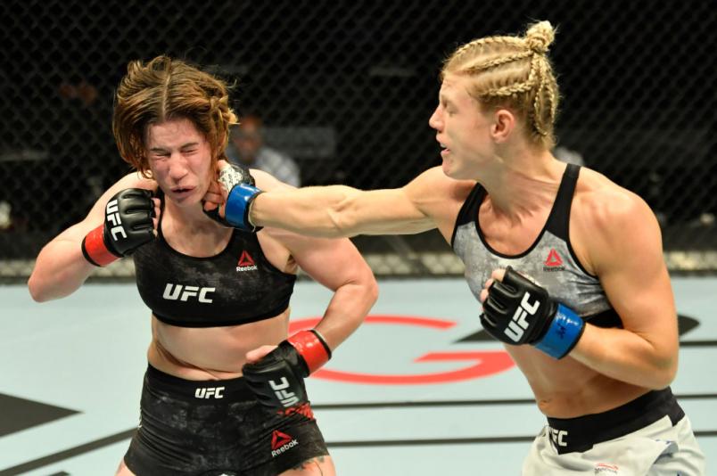 Manon Fiorot of France punches Victoria Leonardo in a flyweight fight during the UFC Fight Night event at Etihad Arena on UFC Fight Island on January 20, 2021 in Abu Dhabi, United Arab Emirates. (Photo by Jeff Bottari/Zuffa LLC)
