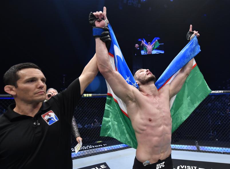 Makhmud Muradov of Uzbekistan reacts after his TKO victory over Andrew Sanchez in a middleweight fight during the UFC 257 event inside Etihad Arena on UFC Fight Island on January 23, 2021 in Abu Dhabi, United Arab Emirates. (Photo by Jeff Bottari/Zuffa LLC)
